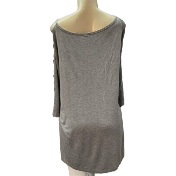 Rhonda Shear Plus 3X Gray Heather Soft V-Neckline Lattice Open 3/4 Sleeve Top - Picture 4 of 6